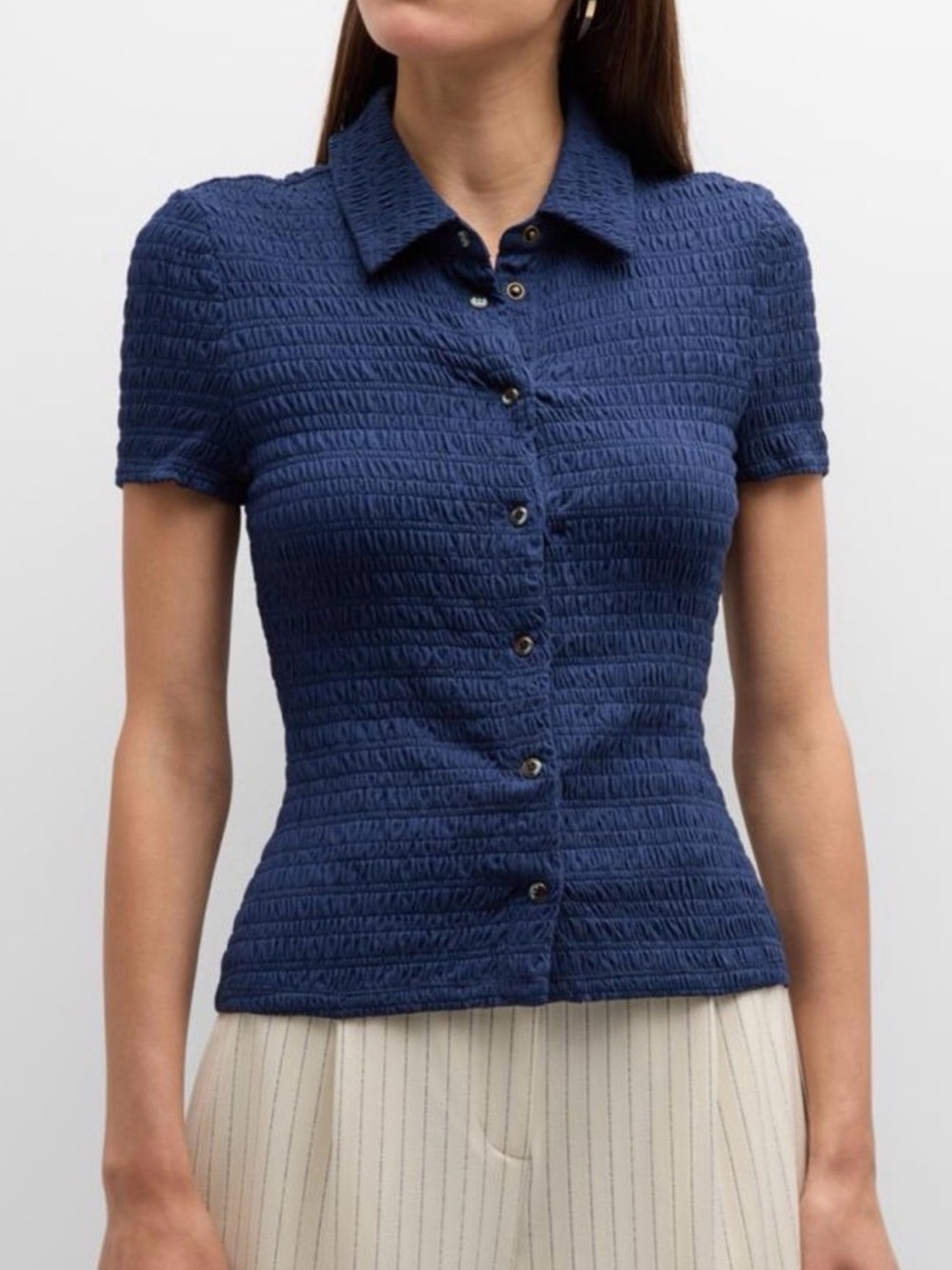 Veronica Beard Silvana Navy Smocked Button up sz XS